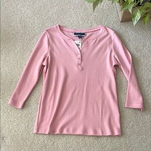 Karen Scott Essentials Soft Pink 3/4 Sleeve Notched Neck Button Tee Petite Small
